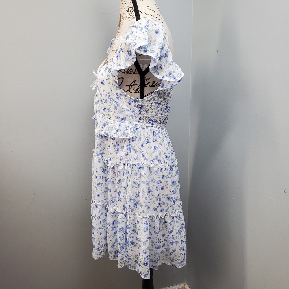 Altar'd State Tiered Mini Dress Womens Large Multi Floral Cap Sleeve Sweetheart - Picture 8 of 11